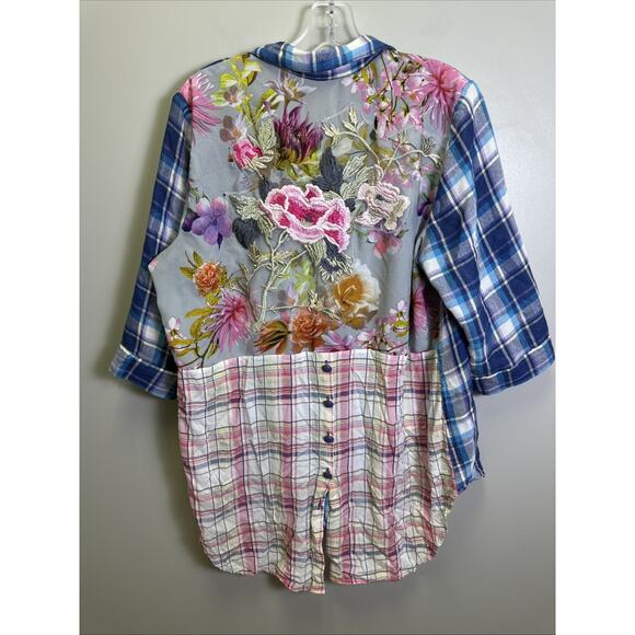 Soft Surroundings Serena Mixed Media Plaid Tunic L Embroidered Floral Artsy - Picture 2 of 11